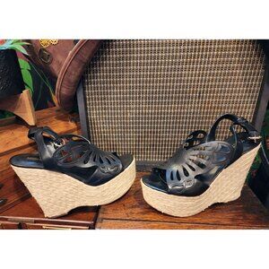 Michael Kors Black Leather Cutout Wedge Sandals 9M With Raffia Platform Size 9